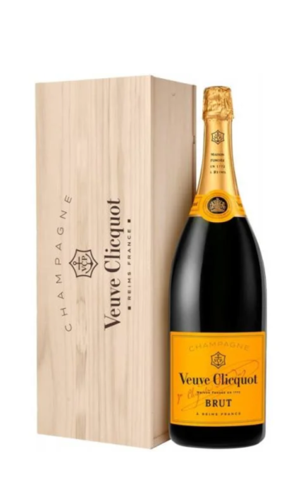 Jéroboam de Champagne Veuve Clicquot Brut Carte Jaune, présenté avec son étiquette jaune signature et accompagné d'un élégant coffret en bois.