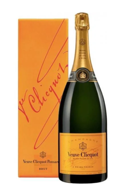 Magnum de Champagne Veuve Clicquot Brut Carte Jaune, présenté avec son coffret cadeau emblématique orange.