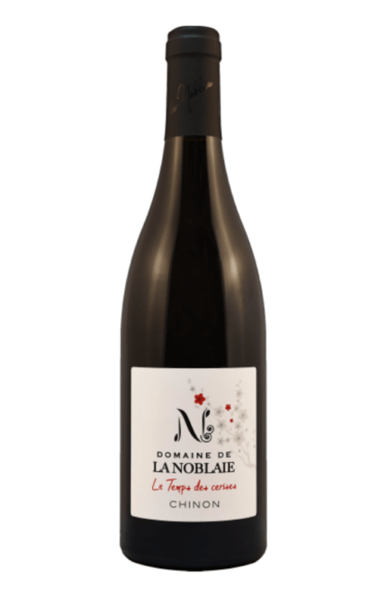 Bouteille de Le Temps Des Cerises 2022 de Chinon Rouge du Domaine de la Noblaie avec une étiquette moderne et artistique.