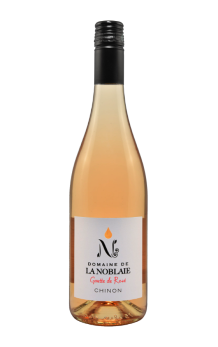 Bouteille de Goutte De Rosé 2022 de Chinon Rosé du Domaine de la Noblaie avec une étiquette blanche élégante.