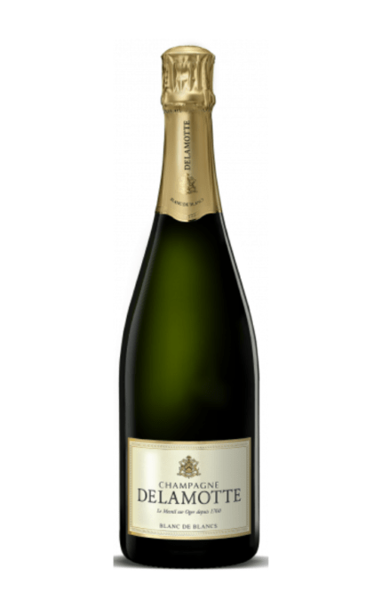 Bouteille de Champagne Delamotte Blanc de Blancs Brut, avec une étiquette élégante et une capsule dorée.