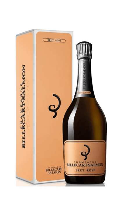 Bouteille de Champagne Billecart-Salmon Brut Rosé avec son coffret, un champagne raffiné et élégant à l'étiquette rosée emblématique."