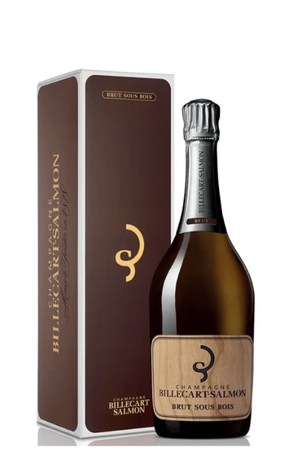 Bouteille de Champagne Billecart-Salmon Brut Sous Bois avec son coffret, mettant en avant une étiquette boisée et élégante.