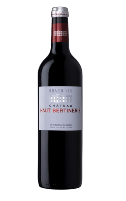 Bouteille de Château Haut Bertinerie Grand Vin 2018 avec une étiquette argentée et des écritures rouges et argentées.