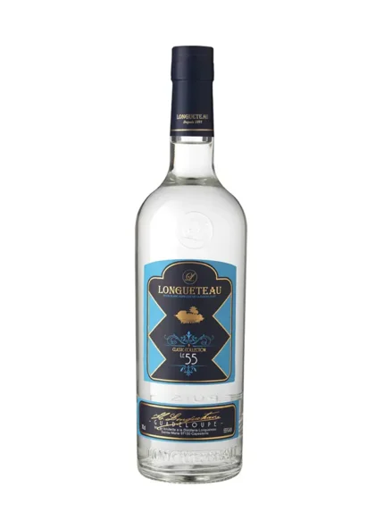 Bouteille de rhum blanc Longueteau à 55% d'alcool, avec une étiquette bleue et dorée.