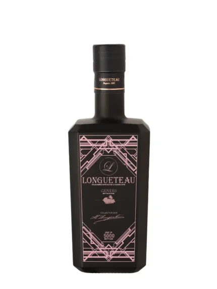 Bouteille de Longueteau Genesis, rhum ambré dans une bouteille noire avec des motifs géométriques roses.