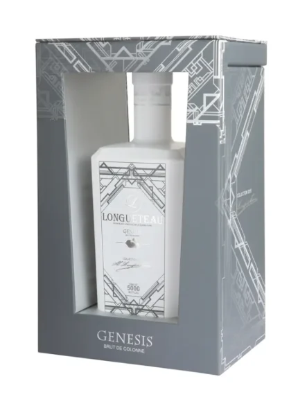 Bouteille de Longueteau Genesis Blanc dans un emballage gris élégant avec des motifs géométriques.