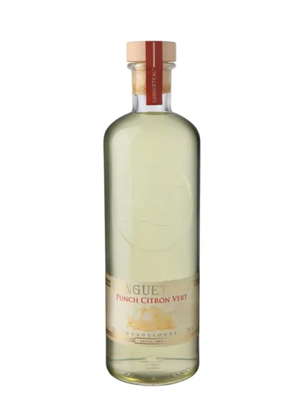 Bouteille de Punch Citron Vert Longueteau, légèrement teintée de vert, avec bouchon en liège et étiquette dorée."