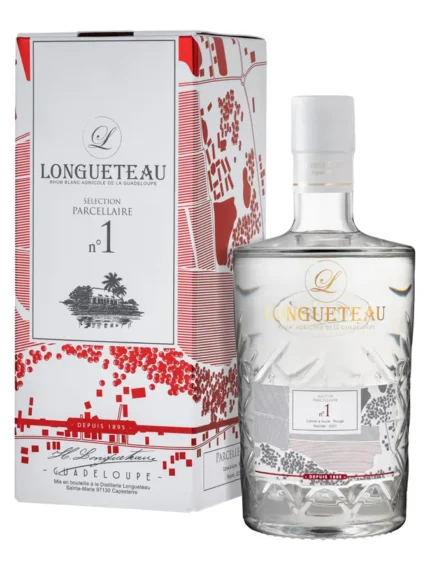 Bouteille de rhum Longueteau Sélection Parcellaire N°1 dans un emballage décoratif rouge et blanc.