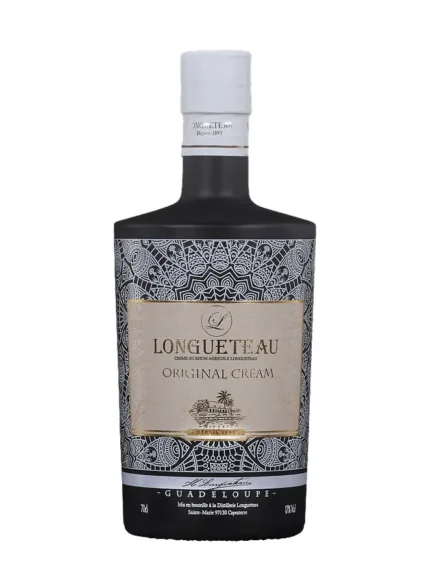 Bouteille de Longueteau Original Cream, une crème de rhum agricole avec un design noir et argenté orné de motifs.