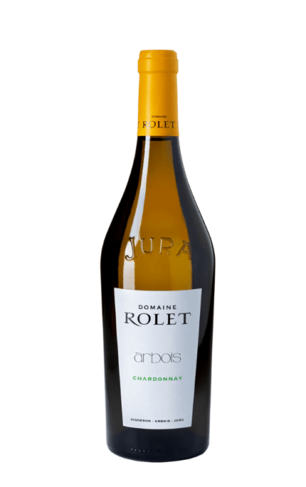 Bouteille de Arbois Chardonnay 2016 du Domaine Rolet, avec une étiquette grise et une capsule jaune.