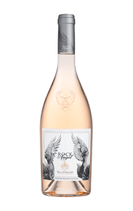 Bouteille de Château d'Esclans - Cave d'Esclans Rock Angel 2023, un rosé pâle avec une étiquette grise illustrée d'ailes d'ange.