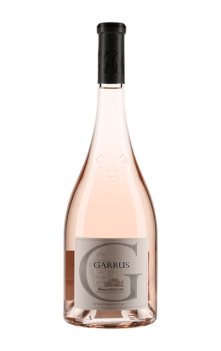 Bouteille de Château d'Esclans - Garrus 2019, un rosé pâle avec une étiquette grise et la lettre 'G' en relief.