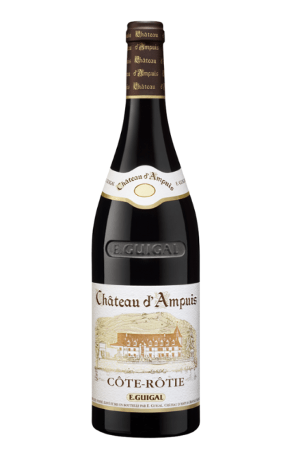 Bouteille de Côte-Rôtie Château d'Ampuis 2019 de Maison Guigal avec une étiquette beige et une illustration du château.