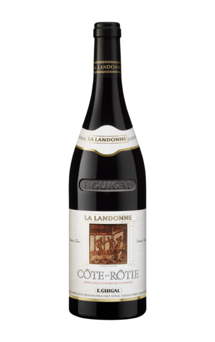 Bouteille de Côte Rôtie La Landonne 2019 de Maison Guigal avec une étiquette blanche et des inscriptions dorées.