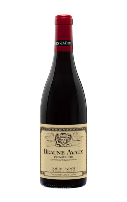 Bouteille de Beaune Les Avaux Premier Cru 2018 du Domaine Louis Jadot avec une étiquette beige et une capsule rouge.