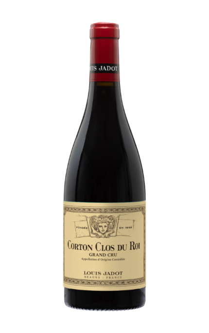 Bouteille de Corton Le Clos du Roi 2017 Grand Cru du Domaine Louis Jadot avec une étiquette beige et une capsule rouge.