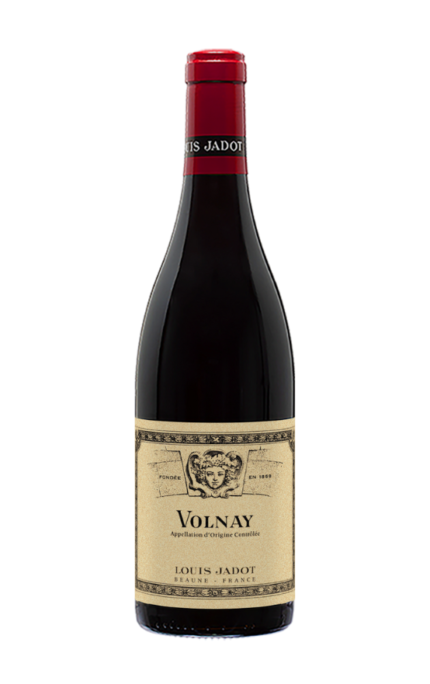 Bouteille de Volnay 2015 du Domaine Louis Jadot avec une étiquette beige et une capsule rouge.