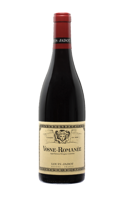 Bouteille de Vosne-Romanée 2022 du Domaine Louis Jadot avec une étiquette beige et une capsule rouge.