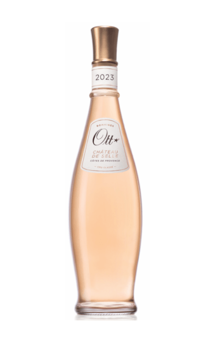 Bouteille de Côtes de Provence Château de Selle 2023 des Domaines OTT, un vin rosé de Provence avec une étiquette élégante et un bouchon doré.