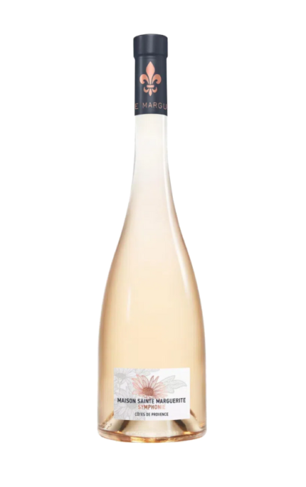 Bouteille de Cuvée Symphonie Rosé 2023 Cru Classé du Château Sainte Marguerite, un vin rosé de Provence, avec des médailles indiquant un score de 95/100 par le Beverage Testing Institute et 90/100 par Decanter.