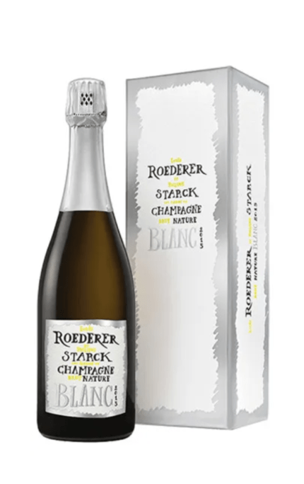 Bouteille de Champagne Brut Nature Blanc 2015, édition spéciale Starck, de la maison Louis Roederer, avec une étiquette au design créatif reflétant l'élégance et l'innovation.