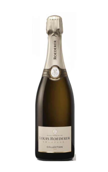 Bouteille de Champagne Louis Roederer Collection 244, un champagne brut élégant avec une étiquette classique, reflétant la qualité intemporelle de la maison Roederer