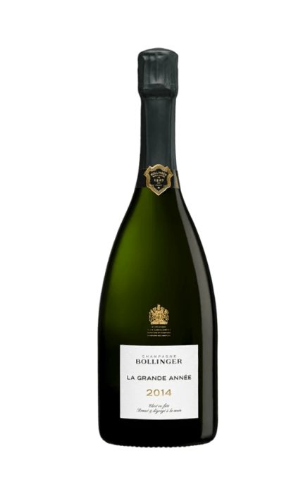 Bouteille de Champagne Bollinger La Grande Année 2014, avec une étiquette sobre et élégante qui met en valeur le millésime exceptionnel.