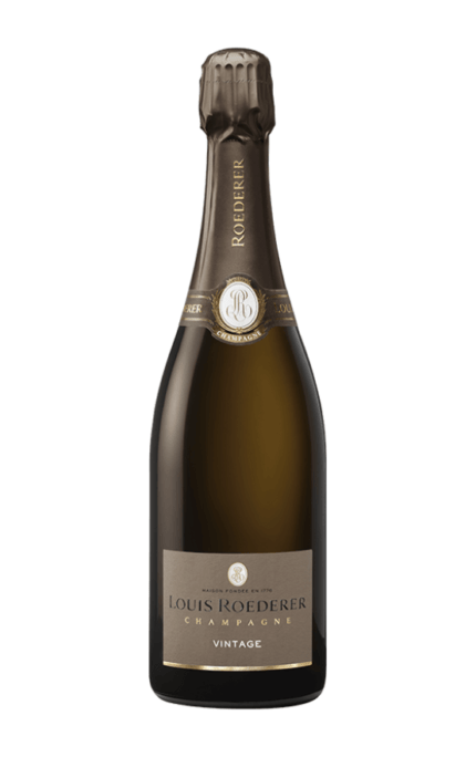 Bouteille de Champagne Louis Roederer Vintage Brut 2015, avec une étiquette sobre et élégante, reflétant le prestige de la maison Roederer