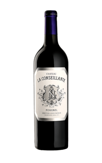 Bouteille de Château La Conseillante 2017, un vin prestigieux de Pomerol, avec une étiquette sobre ornée du monogramme 'N' au centre.