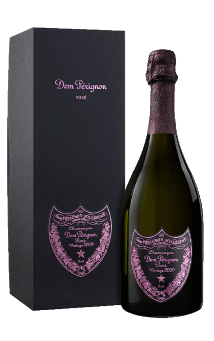 Bouteille de Champagne Dom Pérignon Rosé Vintage 2009 avec son coffret noir élégant.