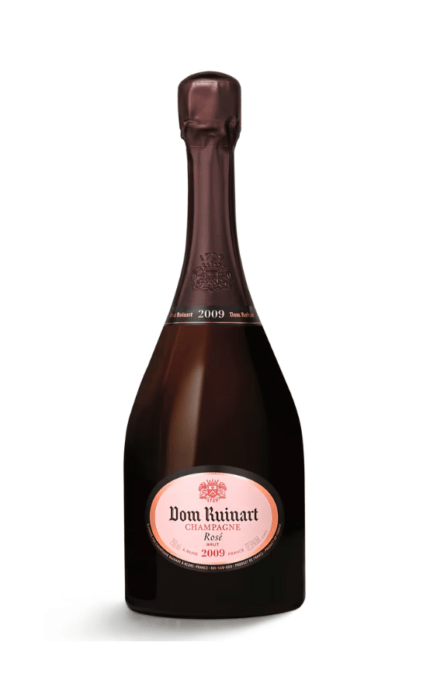 Bouteille de Champagne Dom Ruinart Brut Rosé 2009, une cuvée prestigieuse de Ruinart, avec une étiquette rose élégante et raffinée.