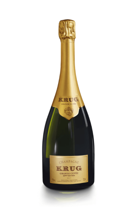 Bouteille de Champagne Krug Grande Cuvée 169ème Édition Brut, symbolisant le savoir-faire de la Maison Krug avec une étiquette dorée et un design raffiné.