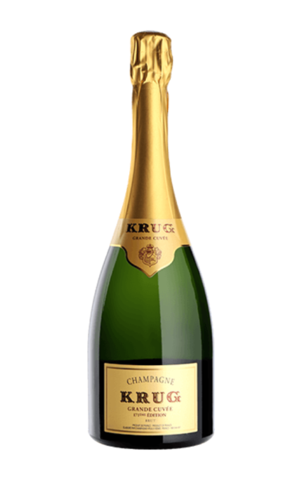 Bouteille de Champagne Krug Grande Cuvée 171ème Édition Brut, avec son étiquette dorée et élégante.