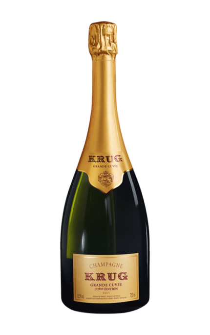 Bouteille de Champagne Krug Grande Cuvée 172ème Édition Brut, avec son étiquette dorée et son emblématique col de bouteille or.