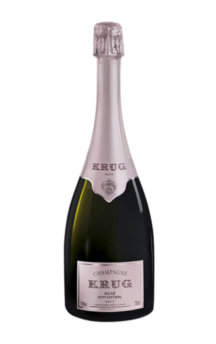 Bouteille de Champagne Krug Rosé 25ème Édition Brut, une cuvée prestigieuse au design élégant avec une étiquette rose, emblème de la maison Krug.