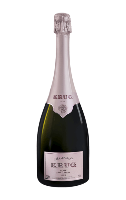 Bouteille de Champagne Krug Rosé 27ème Édition Brut, avec une élégante étiquette rose.