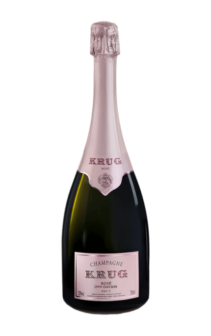 Bouteille de Champagne Krug Rosé 28ème Édition Brut, avec une élégante étiquette rose.