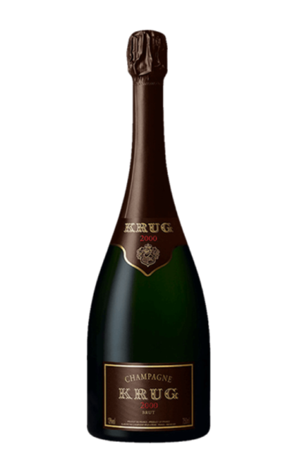 Bouteille de Champagne Krug Vintage 2000 Brut, avec une élégante étiquette sombre et dorée.