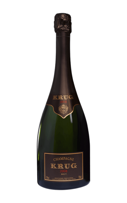 Bouteille de Champagne Krug Vintage 2008 Brut, une cuvée exceptionnelle, avec une étiquette noire et or, reflétant l'excellence de la maison Krug.