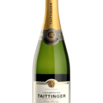 Bouteille de Champagne Taittinger Cuvée Prestige Brut, un classique élégant de la maison Taittinger, avec une étiquette blanche et or qui reflète son raffinement.