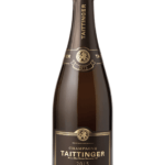 Bouteille de Champagne Taittinger Millésimé Brut 2015, un vin d'exception de la maison Taittinger, avec une étiquette élégante en noir et or, marquant l'exclusivité de ce millésime.