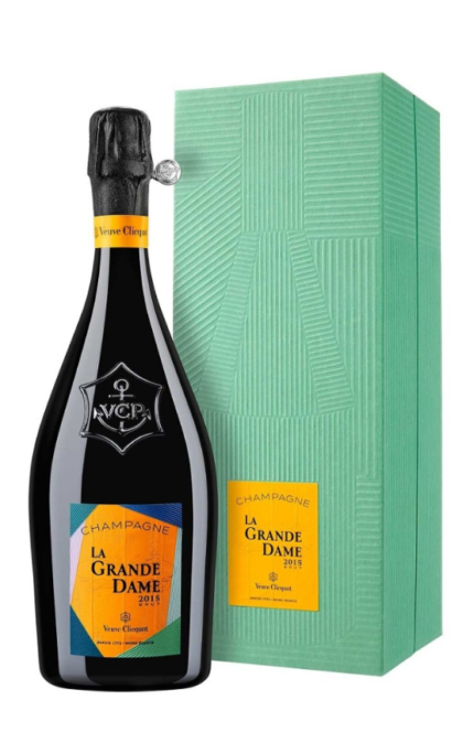 Bouteille de Champagne La Grande Dame Blanc 2015 de Veuve Clicquot avec son coffret vert signé Paola Paronetto.