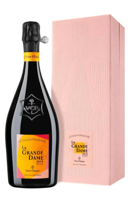 Bouteille de Champagne La Grande Dame Rosé 2015 de Veuve Clicquot avec son coffret rose texturé.