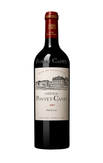 Bouteille de Château Pontet Canet Pauillac 2015, Grand Cru Classé, avec une étiquette élégante illustrant le domaine viticole.