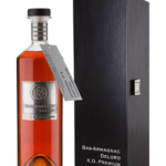 Bouteille de Bas-Armagnac Delord XO Premium avec caisse en bois noire.